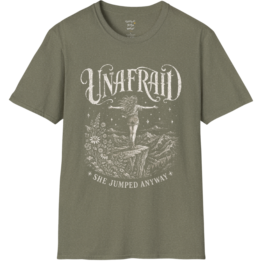 Heather Military Green Unafraid T-Shirt with vintage celestial artwork and fearless feminine design. Soft earthy yoga lifestyle and spiritual streetwear tee.