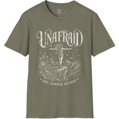 Heather Military Green Unafraid T-Shirt with vintage celestial artwork and fearless feminine design. Soft earthy yoga lifestyle and spiritual streetwear tee.