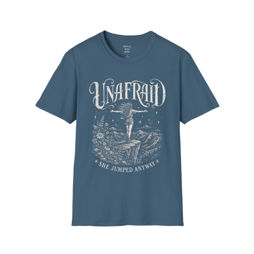 Indigo Blue Unafraid T-Shirt featuring mystical Western-inspired artwork with engraved celestial details and bold soulful styling for everyday wear.