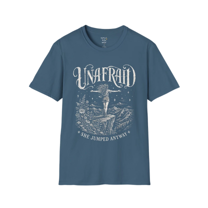 Indigo Blue Unafraid T-Shirt featuring mystical Western-inspired artwork with engraved celestial details and bold soulful styling for everyday wear.