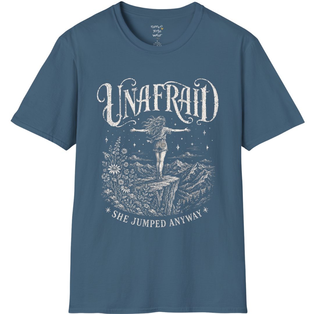 Indigo Blue Unafraid T-Shirt featuring mystical Western-inspired artwork with engraved celestial details and bold soulful styling for everyday wear.