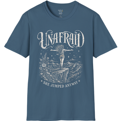 Indigo Blue Unafraid T-Shirt featuring mystical Western-inspired artwork with engraved celestial details and bold soulful styling for everyday wear.