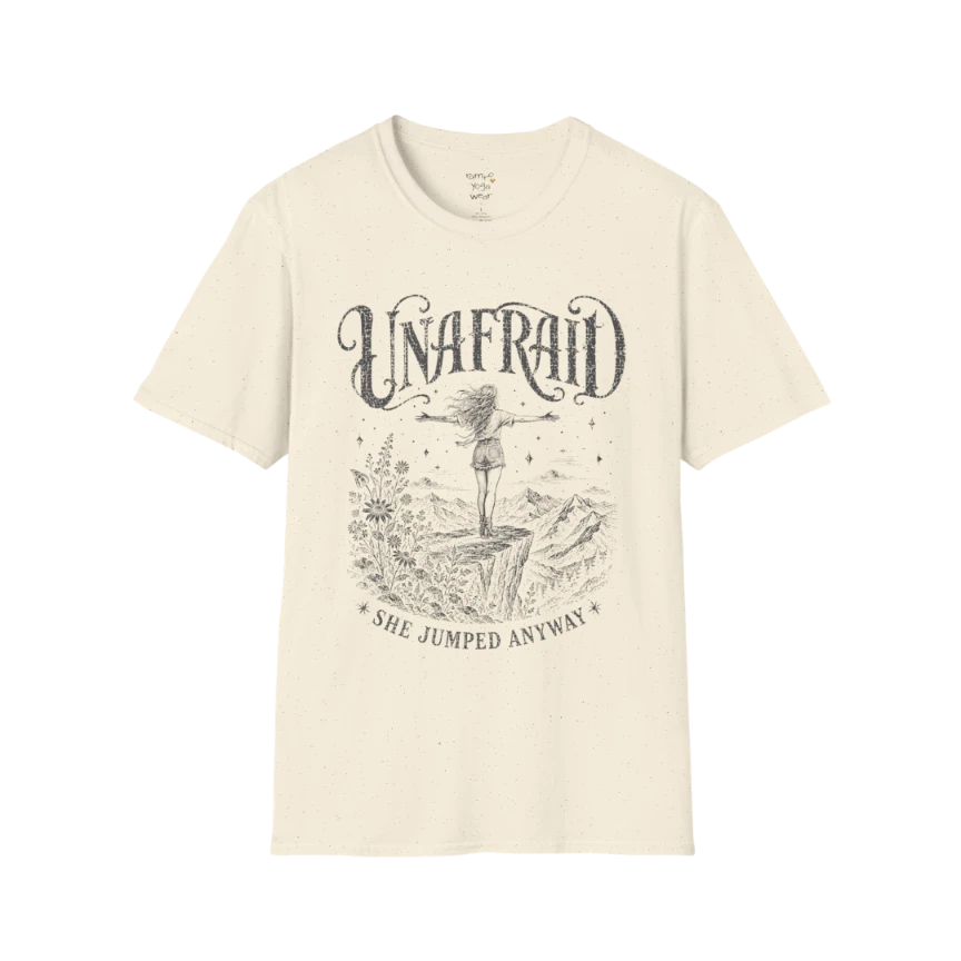Natural Unafraid T-Shirt with soft vintage-inspired mystical artwork and celestial Western detailing. Feminine yoga lifestyle tee with grounded energy.