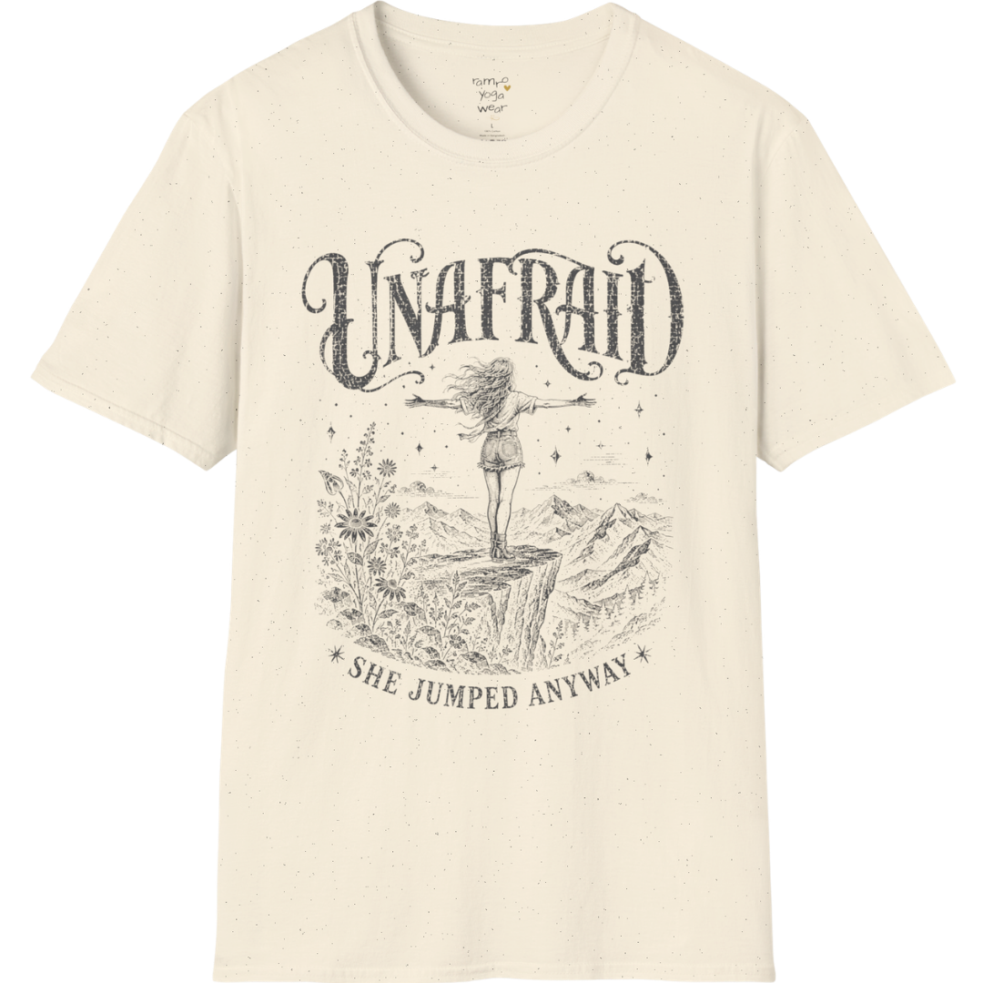 Natural Unafraid T-Shirt with soft vintage-inspired mystical artwork and celestial Western detailing. Feminine yoga lifestyle tee with grounded energy.