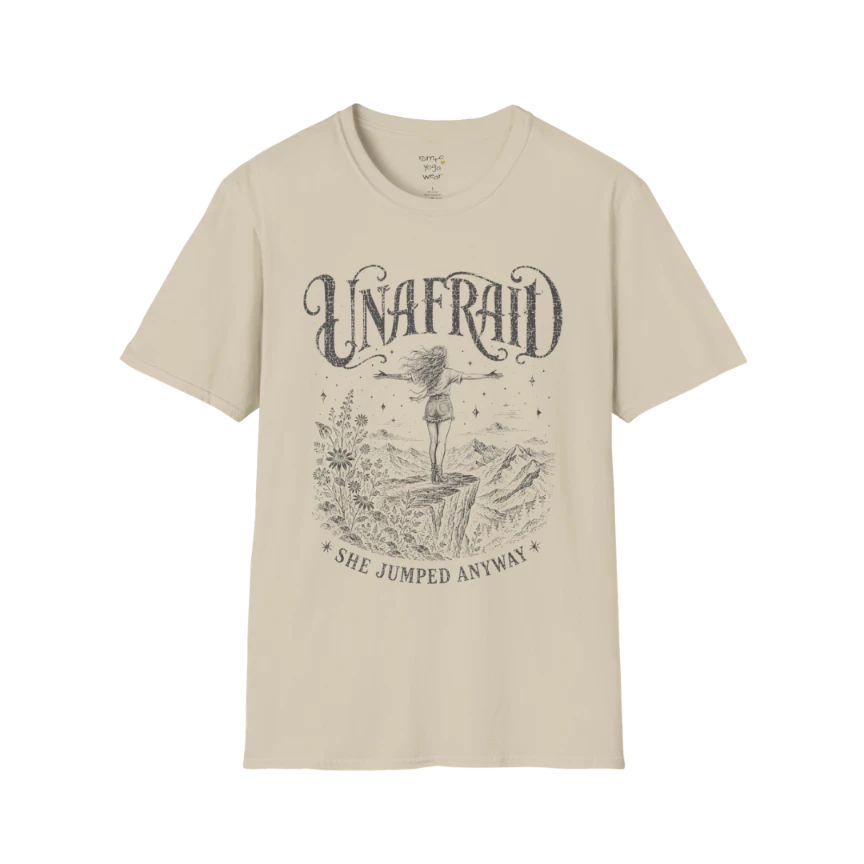 Sand Unafraid T-Shirt featuring distressed mystical cowgirl artwork with celestial accents and relaxed spiritual streetwear styling.