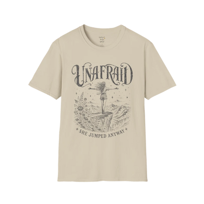 Sand Unafraid T-Shirt featuring distressed mystical cowgirl artwork with celestial accents and relaxed spiritual streetwear styling.
