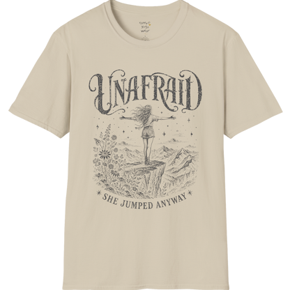 Sand Unafraid T-Shirt featuring distressed mystical cowgirl artwork with celestial accents and relaxed spiritual streetwear styling.