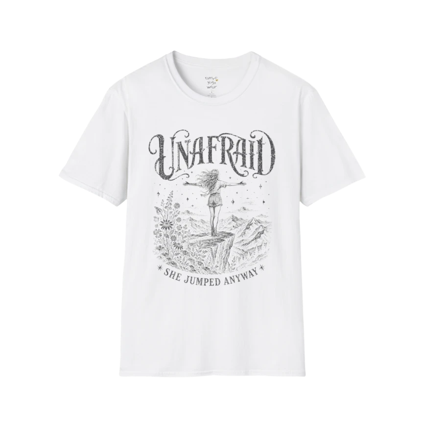 White Unafraid T-Shirt with engraved vintage mystical design and celestial Western artwork. Soft feminine yoga lifestyle and mindful streetwear tee.