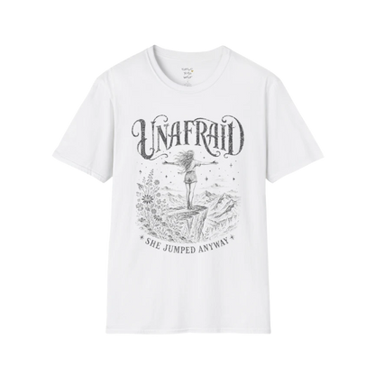 White Unafraid T-Shirt with engraved vintage mystical design and celestial Western artwork. Soft feminine yoga lifestyle and mindful streetwear tee.