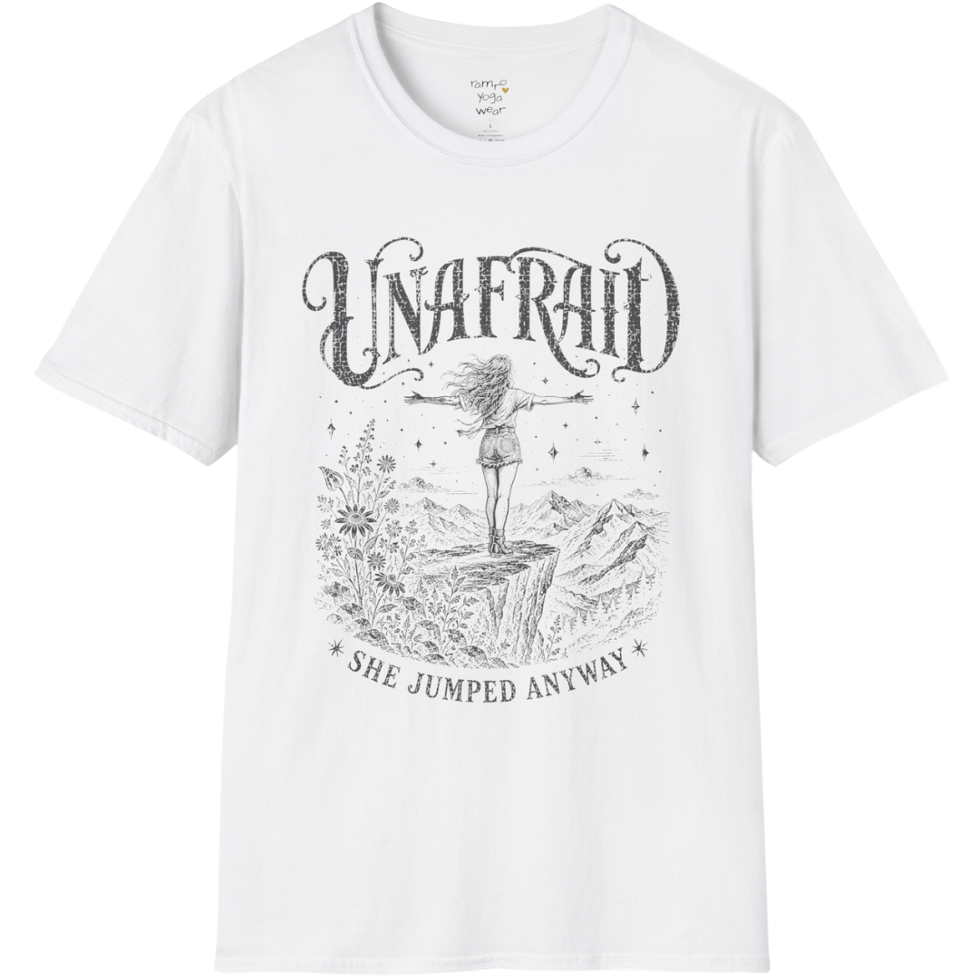 White Unafraid T-Shirt with engraved vintage mystical design and celestial Western artwork. Soft feminine yoga lifestyle and mindful streetwear tee.
