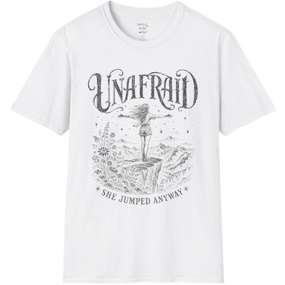 White Unafraid T-Shirt with engraved vintage mystical design and celestial Western artwork. Soft feminine yoga lifestyle and mindful streetwear tee.