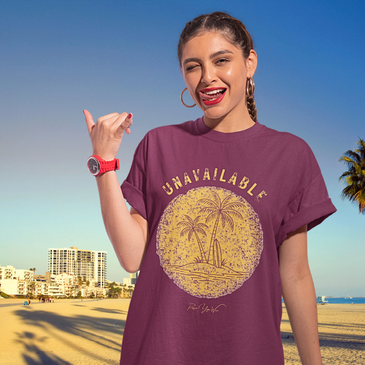 Woman wearing Unavailable Heather Cardinal funny yoga shirt on LA beach — Funny Yoga Shirts collection by Ramro Yoga Wear