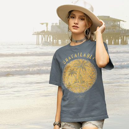 Woman wearing Unavailable Heather Slate funny yoga shirt at Santa Monica pier — Funny Yoga Shirts collection by Ramro Yoga Wear
