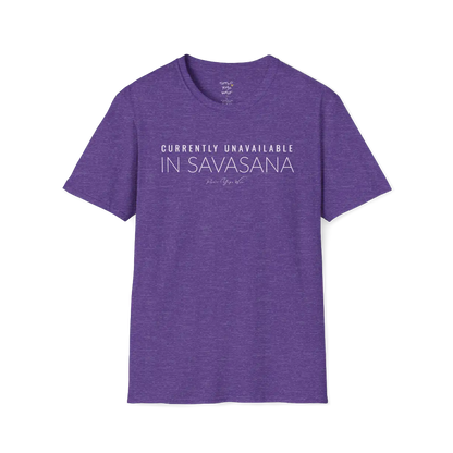 "Currently Unavailable, In Savasana" minimal text design — The Vault collection by Ramro Yoga Wear — Heather Purple
