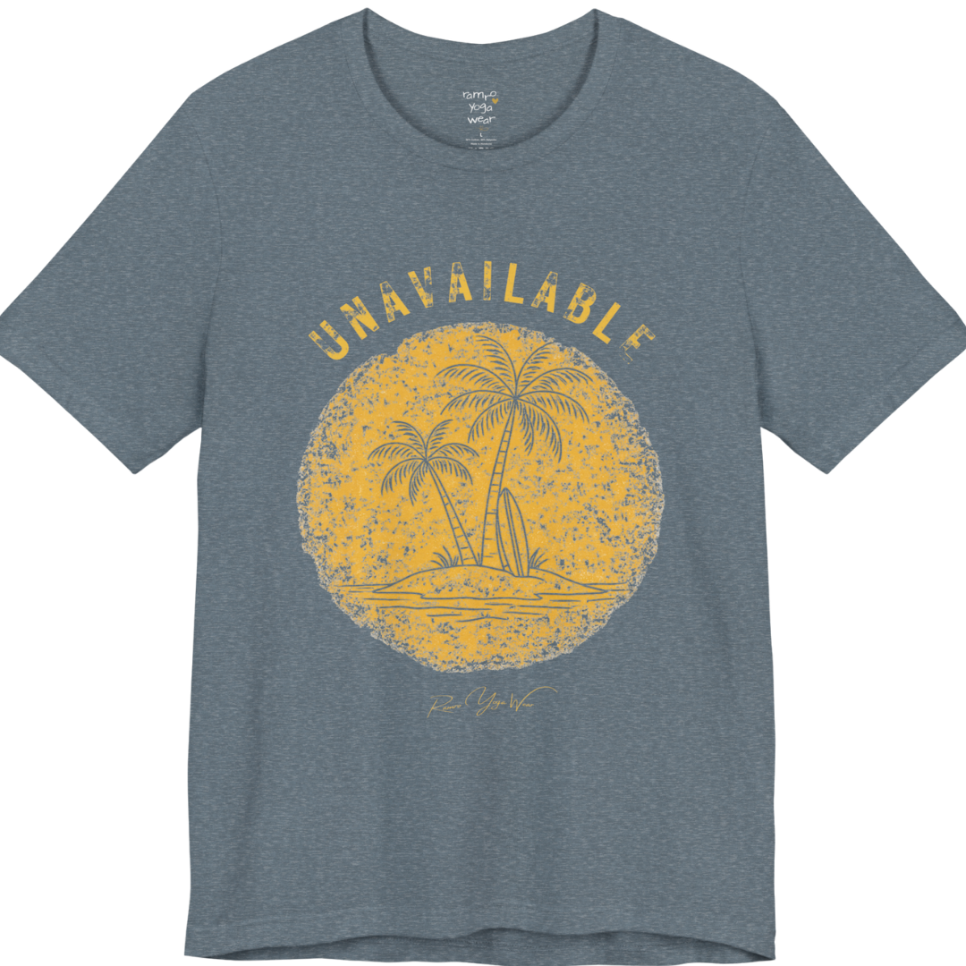 Palm tree savasana yoga slogan tee in Heather Slate — Funny Yoga Shirts collection by Ramro Yoga Wear