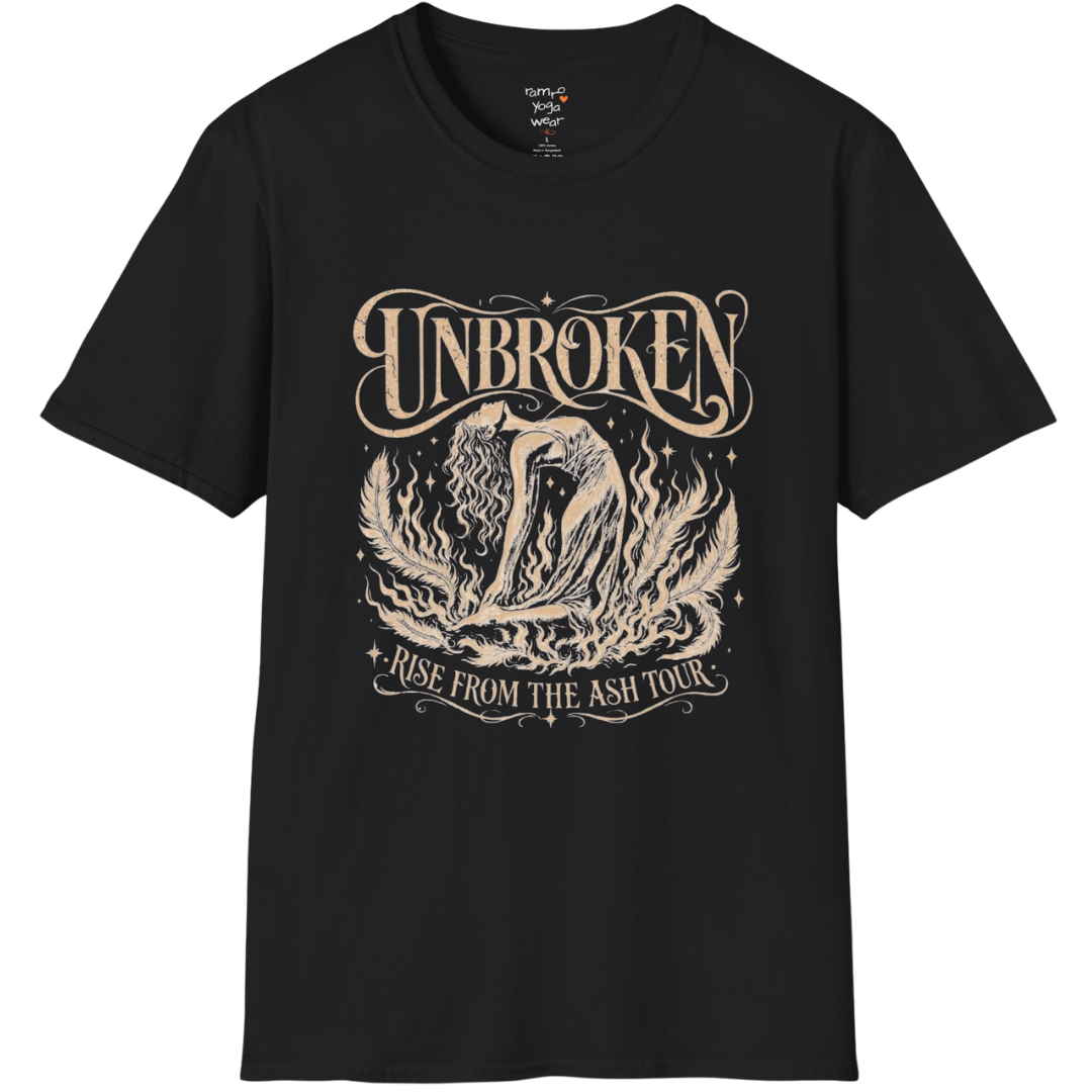 Black Unbroken T-Shirt featuring mystical lotus artwork and vintage-inspired spiritual graphic in cream print.