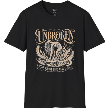 Black Unbroken T-Shirt featuring mystical lotus artwork and vintage-inspired spiritual graphic in cream print.