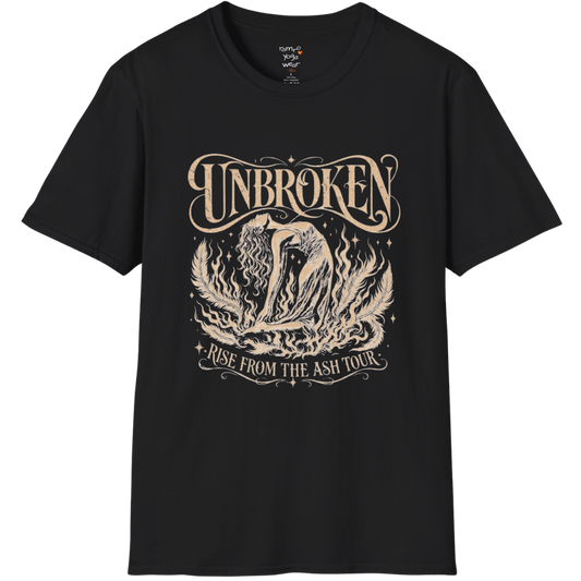 Black Unbroken T-Shirt featuring mystical lotus artwork and vintage-inspired spiritual graphic in cream print.