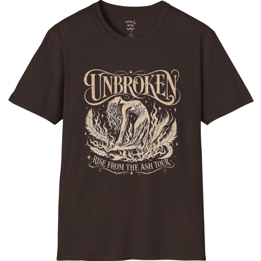 Dark Chocolate Unbroken T-Shirt with celestial lotus artwork and distressed feminine spiritual graphic.