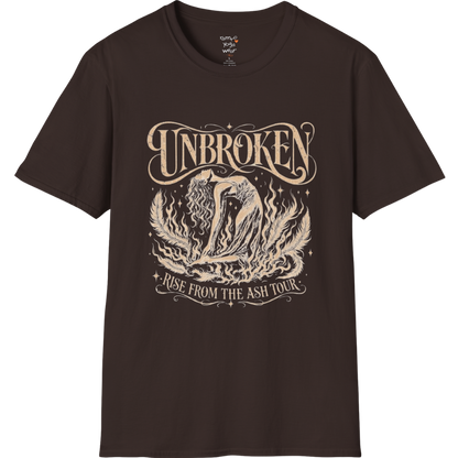 Dark Chocolate Unbroken T-Shirt with celestial lotus artwork and distressed feminine spiritual graphic.
