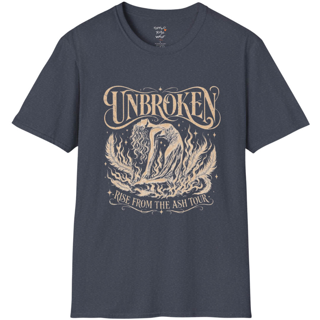 Heather Navy Unbroken T-Shirt with vintage celestial artwork and soulful yoga-inspired lotus graphic.