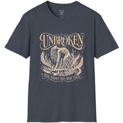 Heather Navy Unbroken T-Shirt with vintage celestial artwork and soulful yoga-inspired lotus graphic.