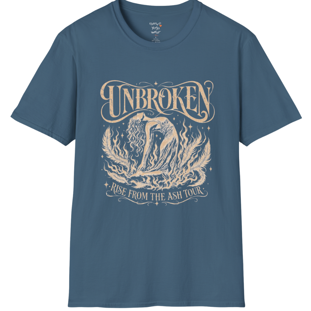 Indigo Blue Unbroken T-Shirt with celestial lotus artwork and distressed feminine spiritual graphic.
