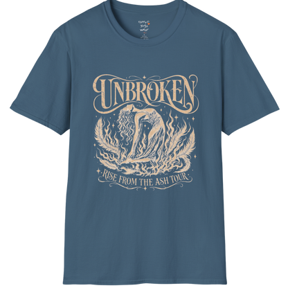 Indigo Blue Unbroken T-Shirt with celestial lotus artwork and distressed feminine spiritual graphic.