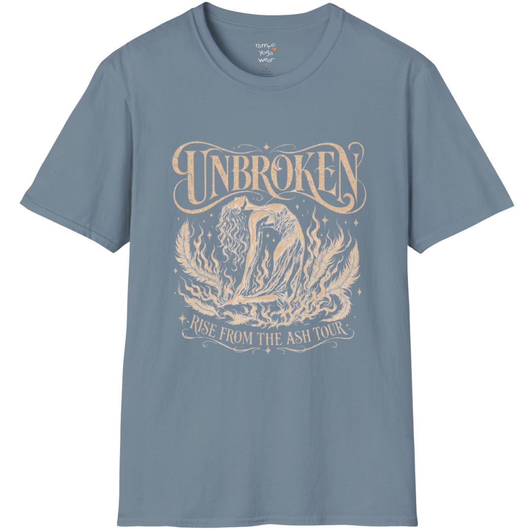 Stone Blue Unbroken T-Shirt featuring distressed spiritual artwork and vintage celestial lotus illustration.