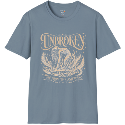 Stone Blue Unbroken T-Shirt featuring distressed spiritual artwork and vintage celestial lotus illustration.