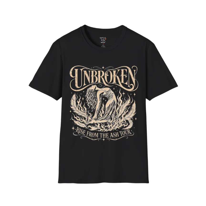 Black Unbroken T-Shirt featuring mystical lotus artwork and vintage-inspired spiritual graphic in cream print.