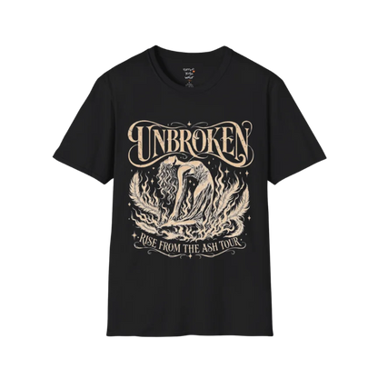 Black Unbroken T-Shirt featuring mystical lotus artwork and vintage-inspired spiritual graphic in cream print.