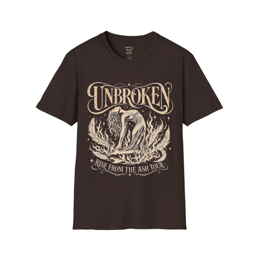 Dark Chocolate Unbroken T-Shirt with celestial lotus artwork and distressed feminine spiritual graphic.