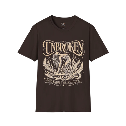 Dark Chocolate Unbroken T-Shirt with celestial lotus artwork and distressed feminine spiritual graphic.