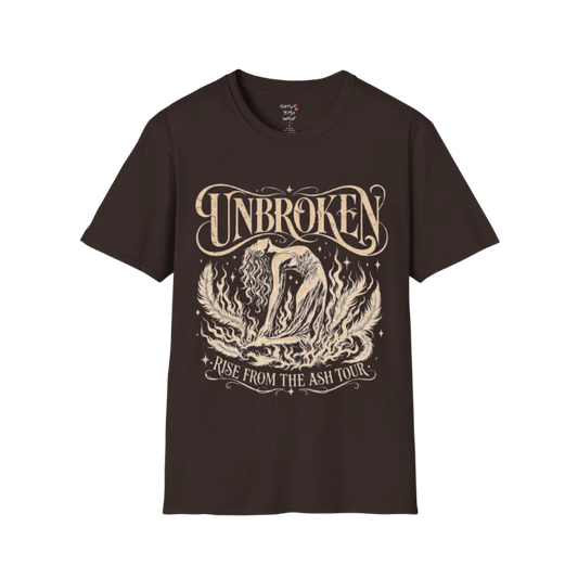 Dark Chocolate Unbroken T-Shirt with celestial lotus artwork and distressed feminine spiritual graphic.