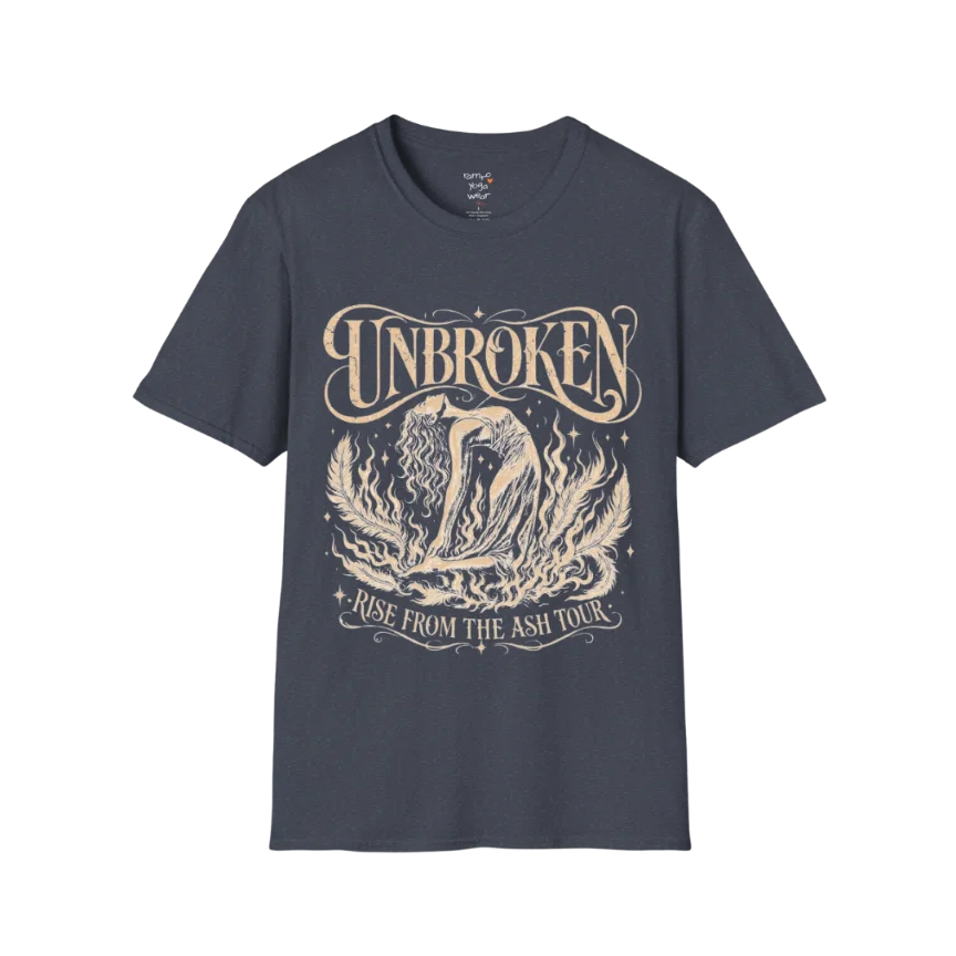 Heather Navy Unbroken T-Shirt with vintage celestial artwork and soulful yoga-inspired lotus graphic.