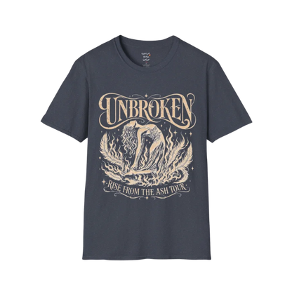 Heather Navy Unbroken T-Shirt with vintage celestial artwork and soulful yoga-inspired lotus graphic.