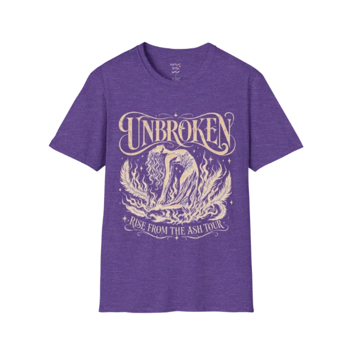 Heather Purple Unbroken T-Shirt featuring mystical lotus artwork and distressed spiritual feminine design.