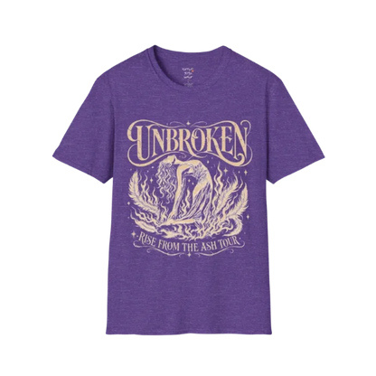 Heather Purple Unbroken T-Shirt featuring mystical lotus artwork and distressed spiritual feminine design.