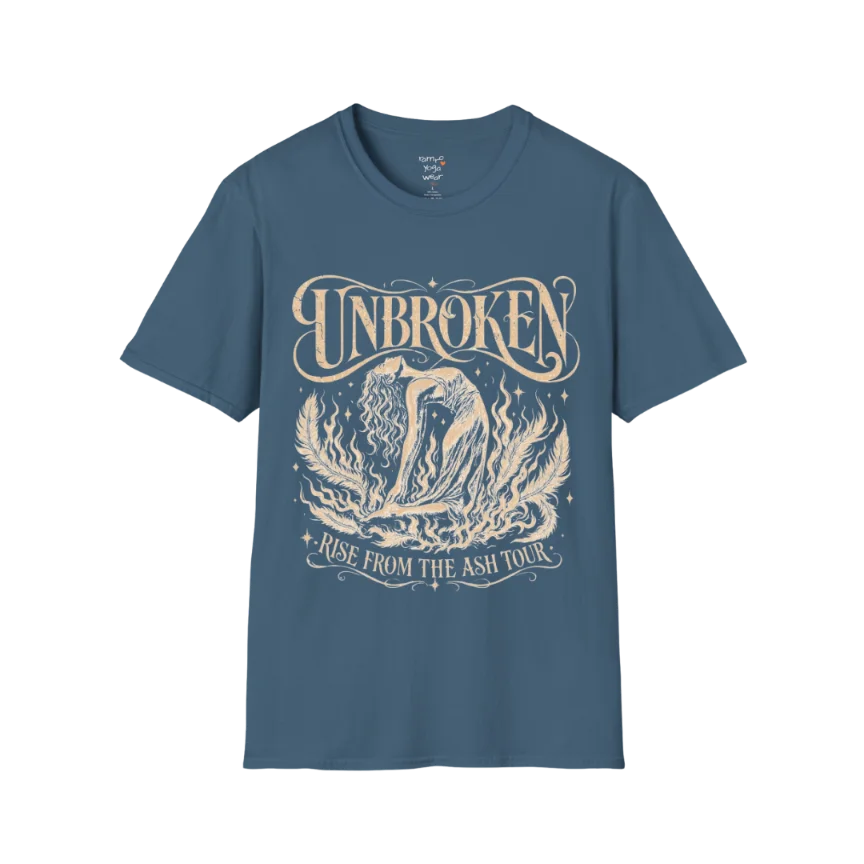 Indigo Blue Unbroken T-Shirt with celestial lotus graphic and vintage-inspired mindful aesthetic.
