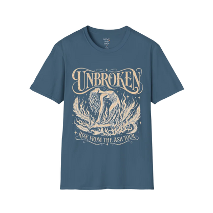 Indigo Blue Unbroken T-Shirt with celestial lotus graphic and vintage-inspired mindful aesthetic.