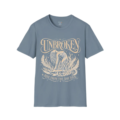 Stone Blue Unbroken T-Shirt featuring distressed spiritual artwork and vintage celestial lotus illustration.