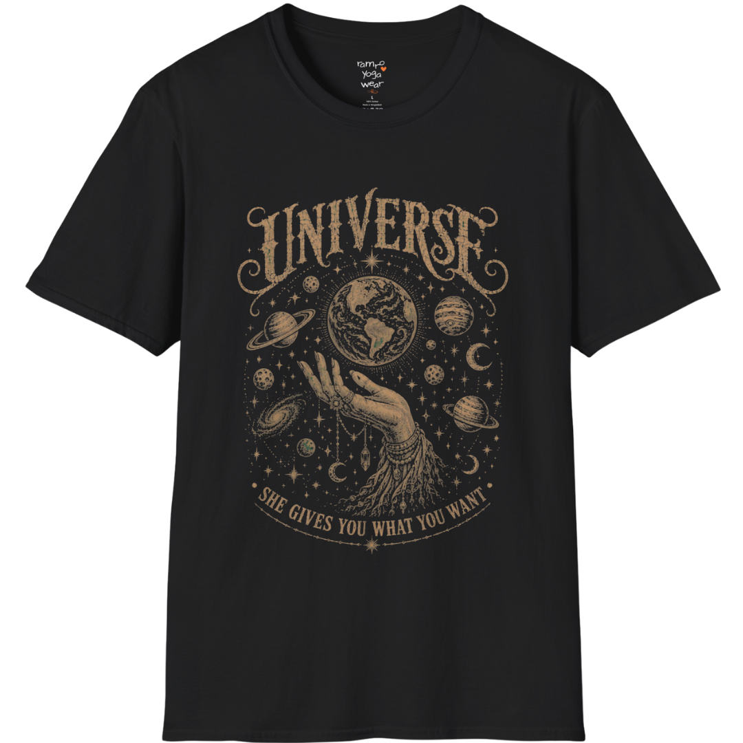 Hand holding the earth with orbiting planets and cosmic roots engraving design — Sacred Thread collection by Ramro Yoga Wear