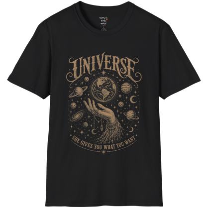 Hand holding the earth with orbiting planets and cosmic roots engraving design — Sacred Thread collection by Ramro Yoga Wear