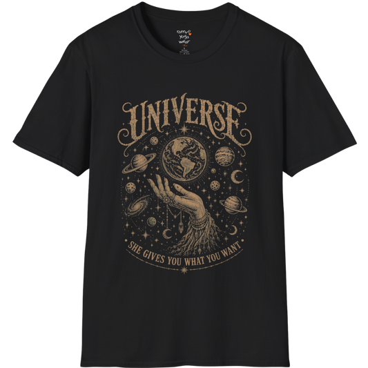Hand holding the earth with orbiting planets and cosmic roots engraving design — Sacred Thread collection by Ramro Yoga Wear