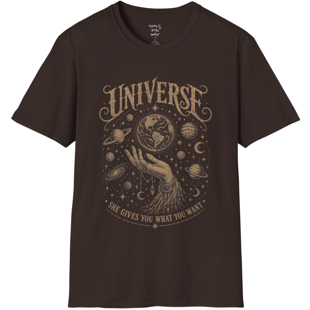 Hand holding the earth with orbiting planets and cosmic roots engraving design — Sacred Thread collection by Ramro Yoga Wear
