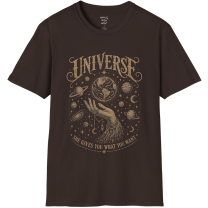 Hand holding the earth with orbiting planets and cosmic roots engraving design — Sacred Thread collection by Ramro Yoga Wear