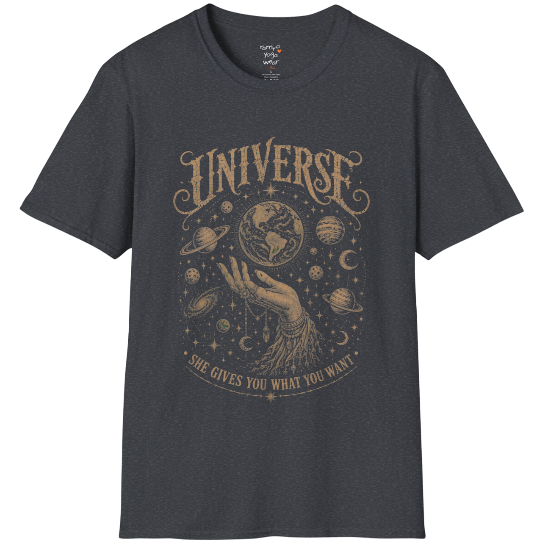 Hand holding the earth with orbiting planets and cosmic roots engraving design — Sacred Thread collection by Ramro Yoga Wear