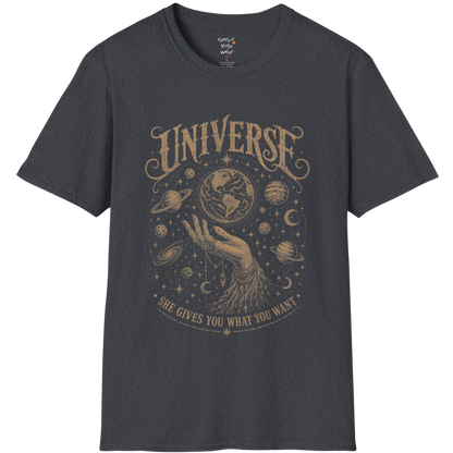 Hand holding the earth with orbiting planets and cosmic roots engraving design — Sacred Thread collection by Ramro Yoga Wear