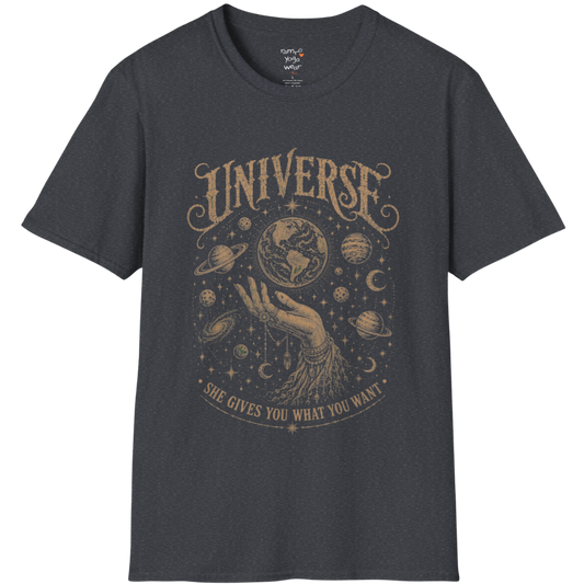 Hand holding the earth with orbiting planets and cosmic roots engraving design — Sacred Thread collection by Ramro Yoga Wear